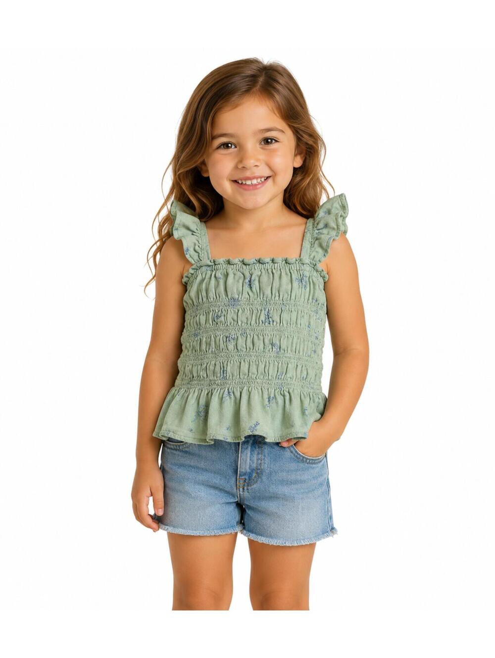 Old Navy 5T Sage Green Floral Smocked Tank Top Ruffle Shoulder Strap Peplum Cami